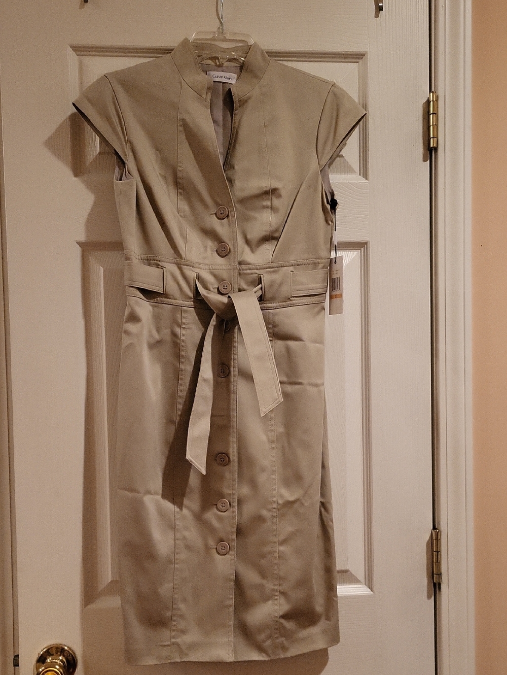 Calvin Klein Khaki/ Beige Colored Button-Front Midi Dress with Waist Tie NWT